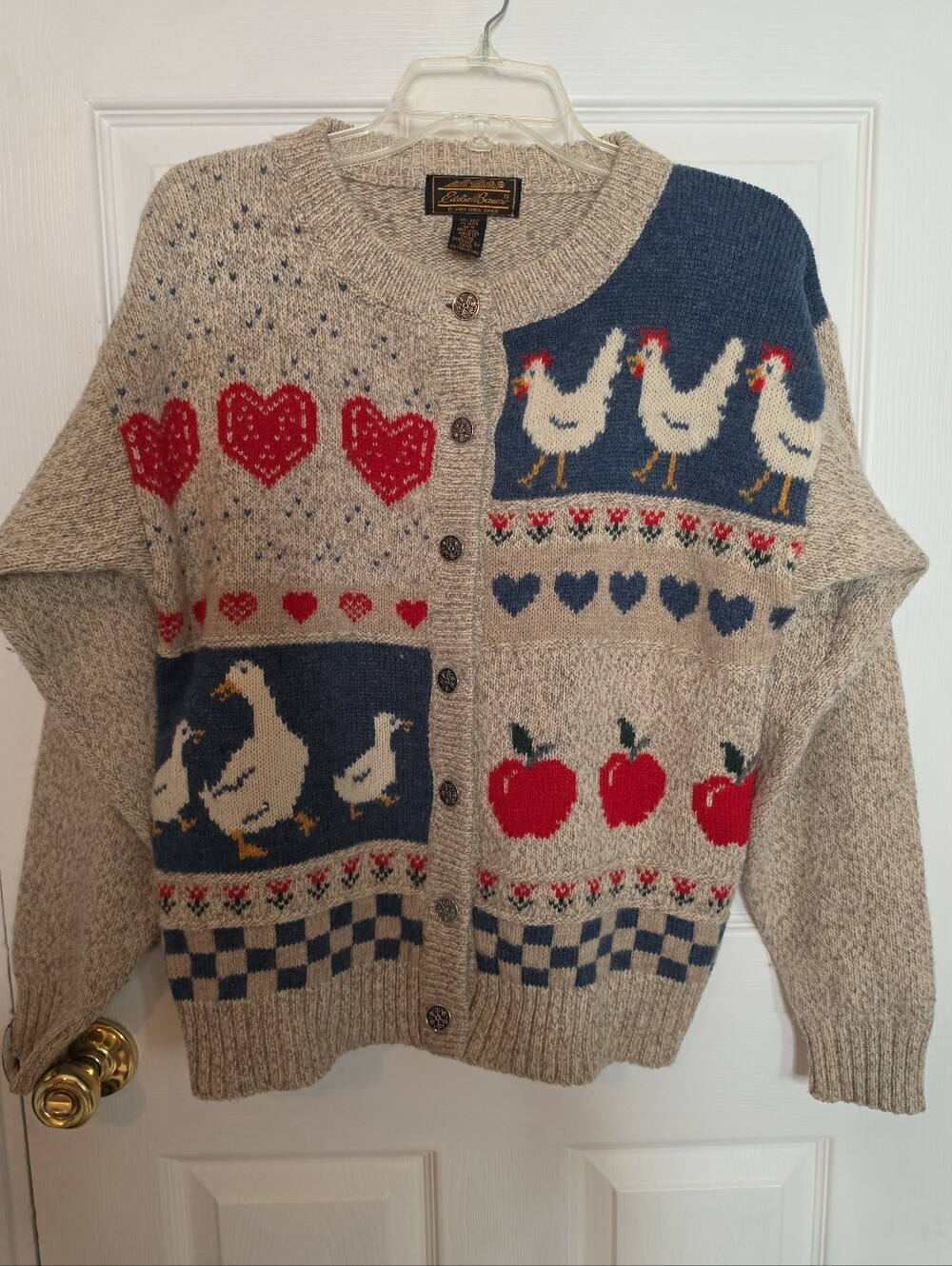 Vintage Eddie Bauer Wool Cardigan Ducks Apples Chickens Hearts 1989